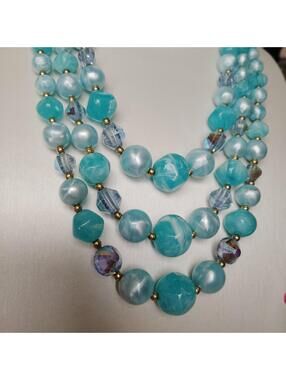 Vintage Aqua Blue Lucite AB Glass Beaded Multistrand Necklace 14"-16"